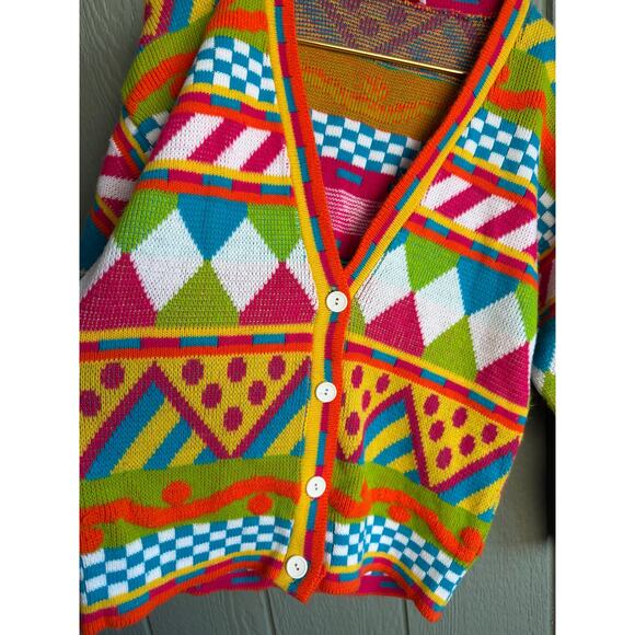 Vintage Grand Knitwear Colorful Geometric Knit Cardigan 80s 90s Sweater - Picture 3 of 7